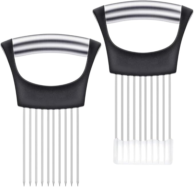 onion slicer,Kitchen Prong Slicer for Vegetables and Meat, Stainless Steel Tines with Safety Handle, Black (1)