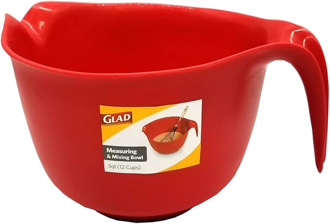 Glad Mixing Bowl with Handle – 3 Quart | Heavy Duty Plastic with Pour Spout and Non-Slip Base | Dishwasher Safe Kitchen Supplies for Cooking and Baking, Red