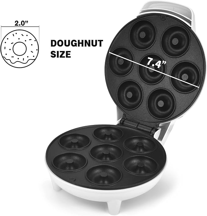 DSP Mini Donut Maker - Non-Stick, Cool Touch Electric Doughnut Machine for Mini Donuts - Perfect for Breakfast, Snacks & Desserts (White, 7 Donuts)