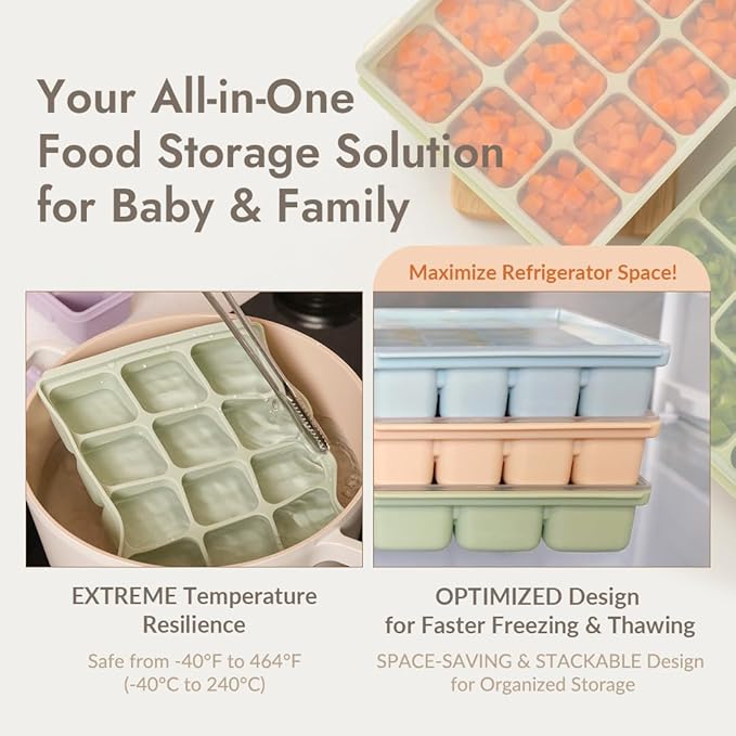 Baby Food Storage Silicone Cubes with Clip-On Lid Freezer Tray Baby Food Soups Purees Ice Easy and Safe Design Made in Korea(12 Sand Beige)