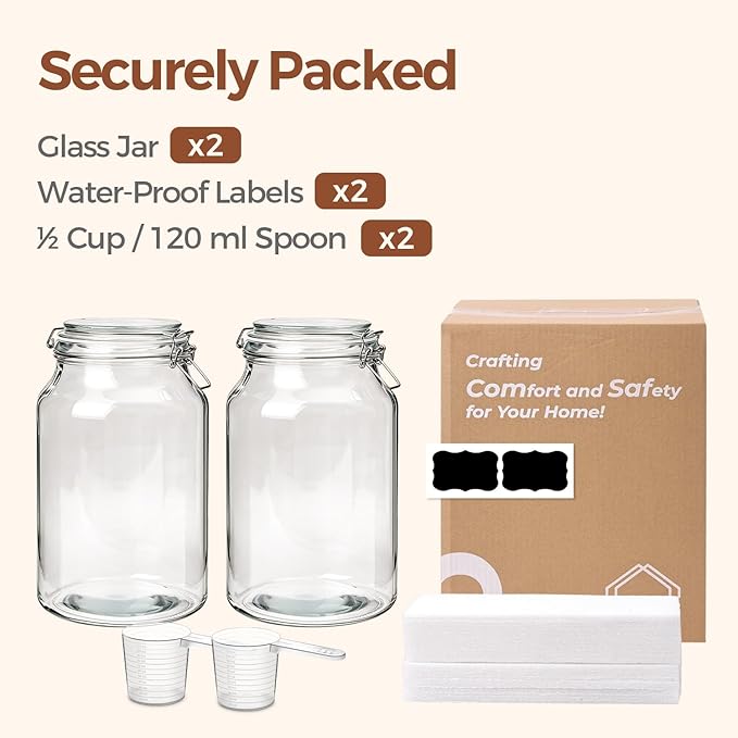 ComSaf 1.1 Gallon Glass Jars with Airtight Lids (138oz, Set of 2), Extra-Wide Mouth Canisters for Bulk Flour & Sugar Storage, Ideal for Fermenting Sourdough, Kombucha & Pickles
