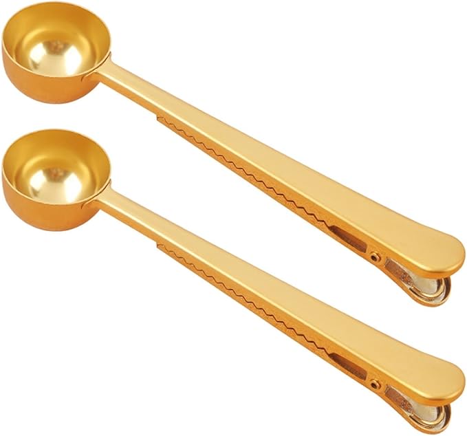 Coffee Scoop, Stainless Steel Golden Multi Function Coffee Measuring Spoon,Great Measuring Coffee, Tea,Protein Powder, Instant Drinks More - Perfect Coffee Spoon Bag Clip