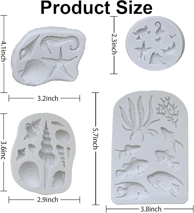 4PCS Marine Theme Fondant Silicone Mold Seaweed Sea Fish Crab Coral Conch Sea Shells Shape DIY Handmade Baking Tools, For Theme Cake Cookie Chocolate Candy Decoration Fondant Polymer Clay
