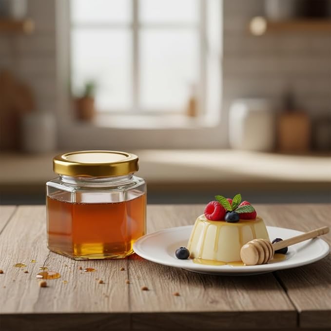 Adabocute Honey Pot, Mini Glass Honey Jars with Wood Dipper, Gold Lid, Bee Charms, Gold Organza Bags, Thank-you Tags, Ideal for Baby Showers Wedding Favors Party Favors, 2oz 30 Pack