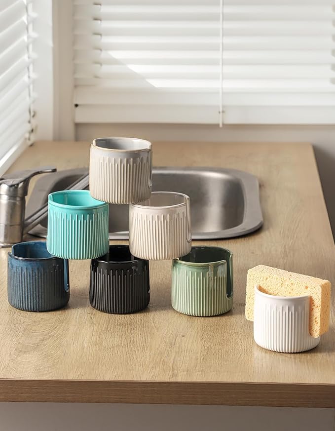 Ceramic Sponge Holder for Kitchen Sink, Scrub Sponge Dish Rack, Farmhouse Compact Sink Caddy Organizer, Turquoise