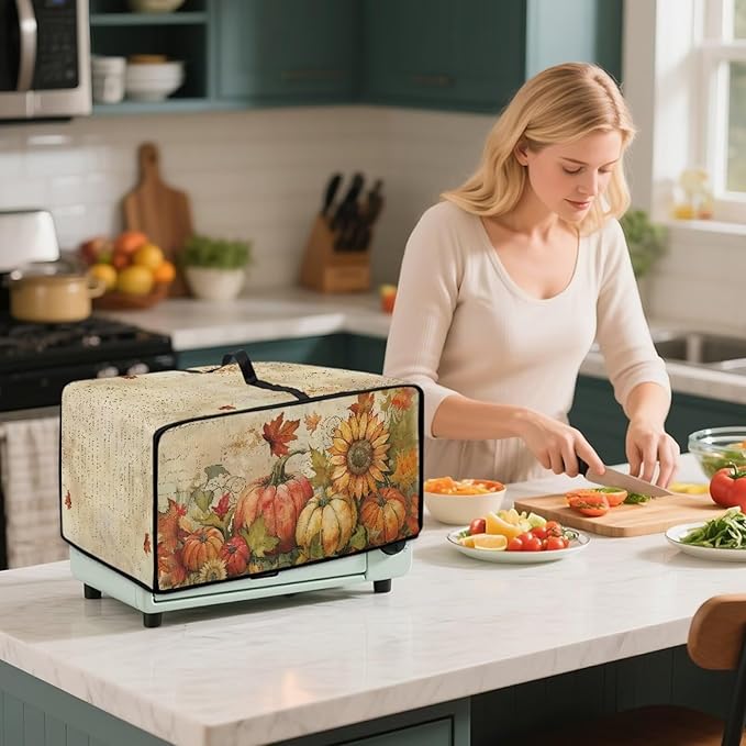 Toaster Oven Dust Cover Small Kitchen Appliance Cover for Countertop Convection Ovens,Small Appliances, S, 14.5 x 18.5 x 9 Inches, Retro Pumpkin Sunflower