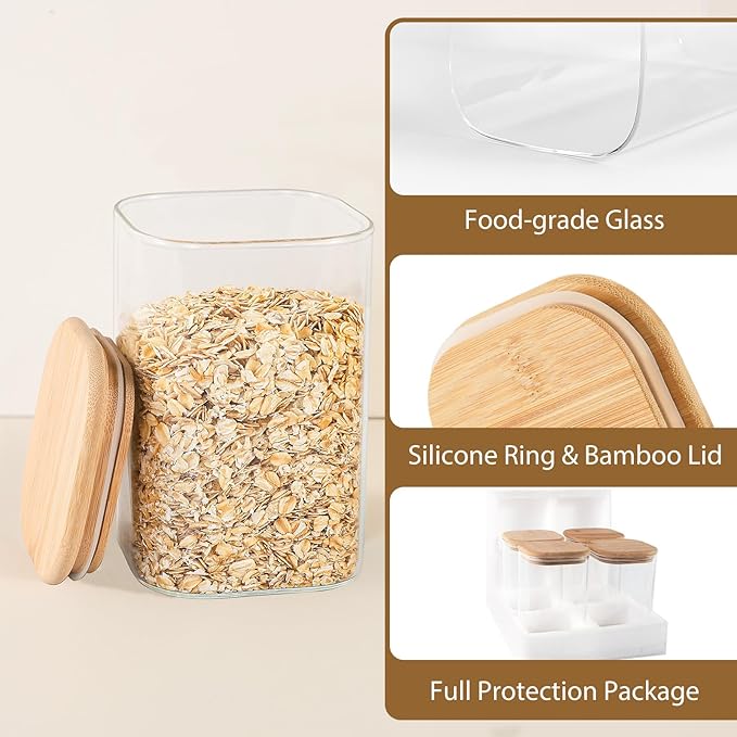 TBWIND 37oz(1.2Qt) Square Glass Storage Containers with Bamboo Lids – 4 Pack Clear Food Airtight Glass Jars for Pantry Organizers and Storage, Kitchen Dry Food, Coffee, Sugar, Flour, Snacks, Spices