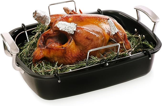Uukrave Nonstick Turkey Roasting Pan with Rack - Large 18.5 x 14.6 Inch Heavy Duty Roaster for 25 lb Turkey or Chicken, Deep Oven Tray with U-Rack and Wide Handles, Non-Toxic, Black