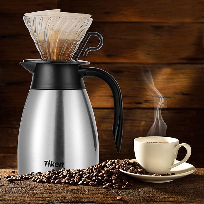 Tiken 34 Oz (1 L) Stainless Steel Thermal Coffee Carafe and French Press Coffee Maker, Silver