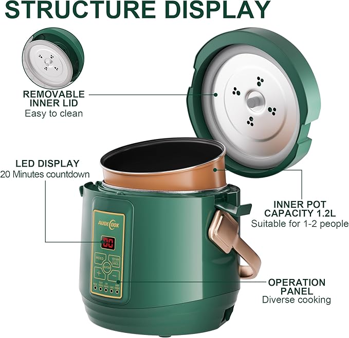 Audecook Mini Rice Cooker, 1.2L Small Rice Cooker Non-Stick 2 Cups Uncooked with Stainless Steel Steamer, Travel Multicooker with Low Carb Function, 24 Timer Delay and Auto Keep Warm(Green)