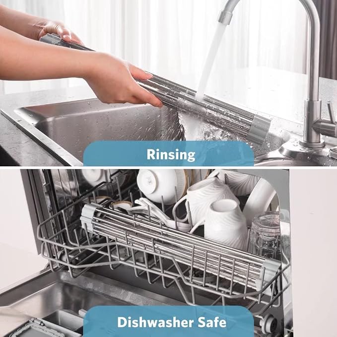 Upgraded Roll Up Dish Drying Rack(21.5โ x 13.1โ) Over Sink Dish Drainer Foldable Stainless Steel Trivet for Kitchen Countertop