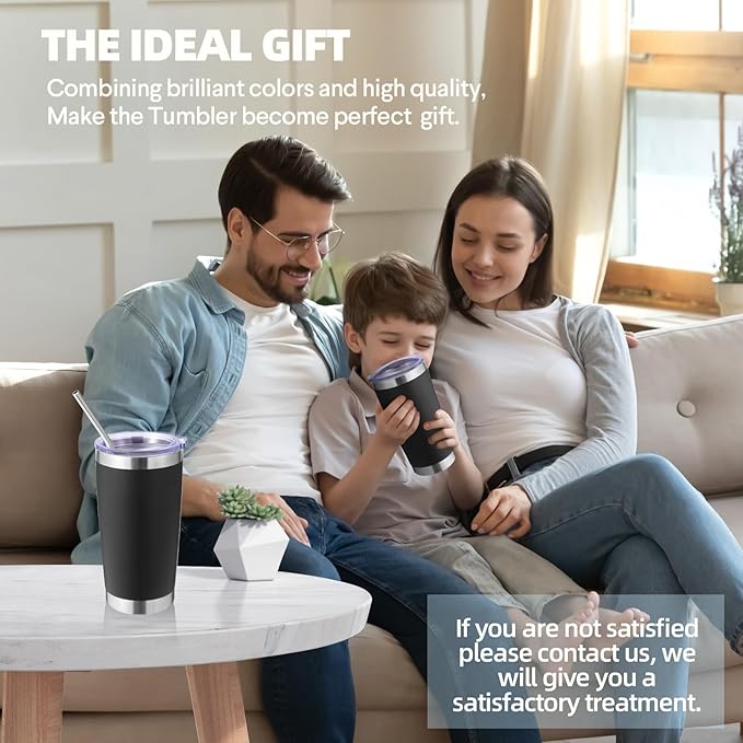 Volhoply 20oz Stainless Steel Tumbler with Lid and Straw Bulk 4 Pack,Double Wall Insulated Travel Iced Coffee Mug Fits Cup holder,Powder Coated Cups for Hot/Cold Drinks,Christmas Gifts(Black,4 Set)