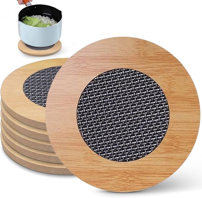 4 Pcs Wooden Trivets Hot Pads for Kitchen,7.8 Placemats Set of 4 for Pot/Bowl/Teapot,Metal mesh Wooden Trivets (Round 4PCS Large)