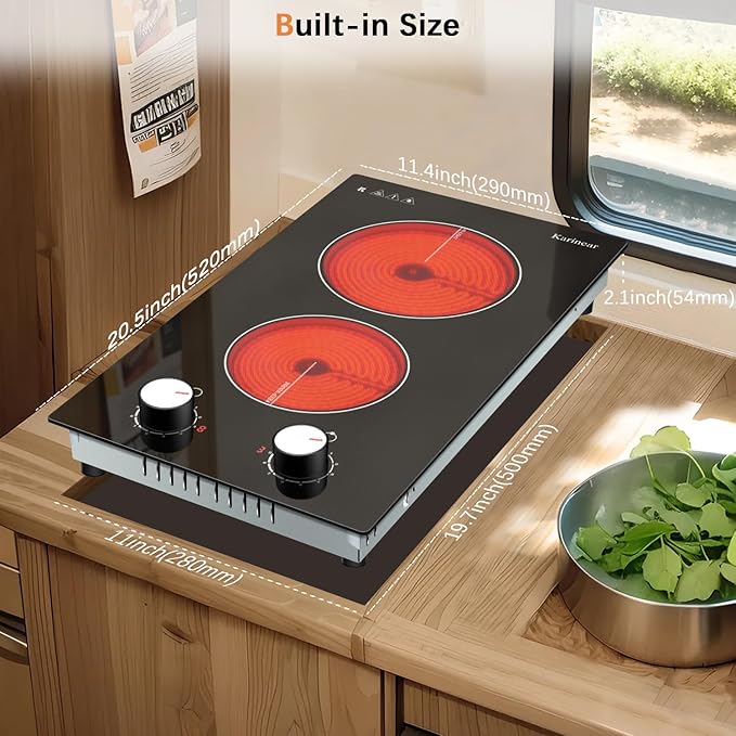 Karinear 110V Electric Cooktop 2 Burners Electric Stove 12 Inch Knob Control Countertop & Built-in Ceramic Cooktop, 9 Heating Level, Hot Warning, Over-Temperature Protection(White Knob)