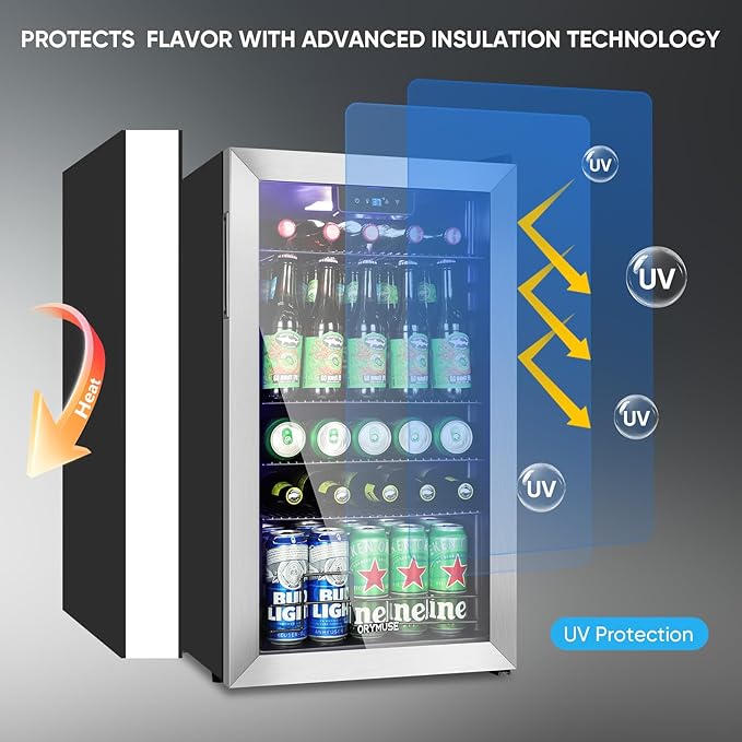 ORYMUSE 3.2 Cu.Ft Beverage Refrigerator, 130 Can Mini Fridge with Glass Door & Digital Temperature Control, Compressor Cooling Freestanding Cooler for Soda, Beer, Wine, Home, Office & Bar - Silver