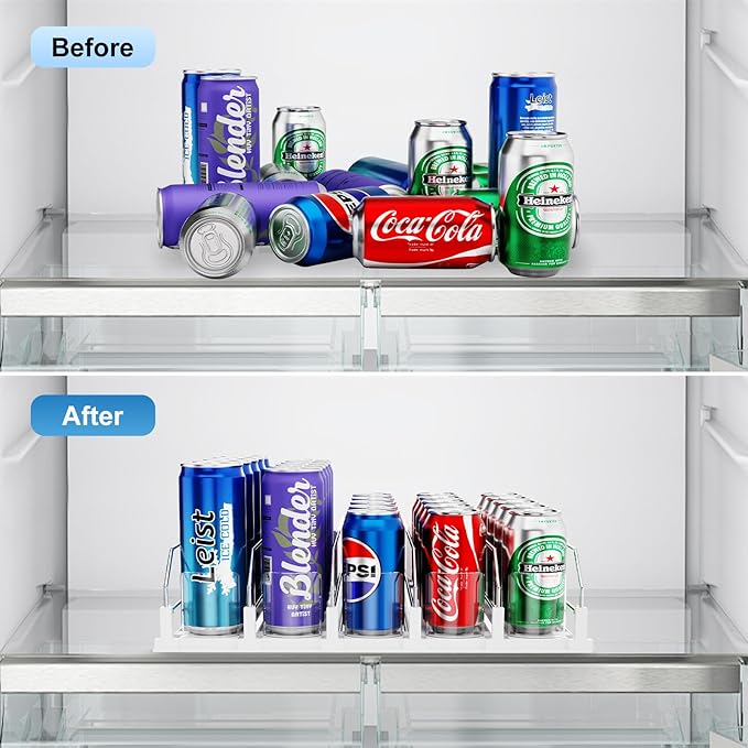 Dayacoco Drink Organizer for Fridge,5 Rows Fridge Soda Can Organizer,20oz 16oz 12oz-Self Pushing Soda Dispenser for Fridge,Adjustable Width-Holds up to 25 Cans,White