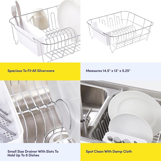 Sweet Home Collection Metal 2 Piece Dish Drying Rack Set Drainer with Utensil Holder Simple Easy to Use Fits in Most Sinks, 14.5" x 13" x 5.25", White