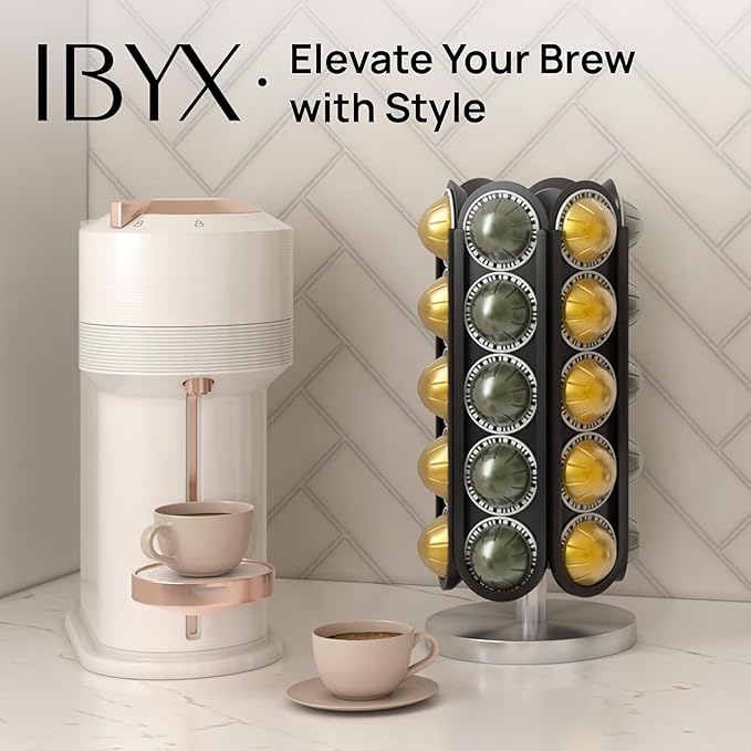 Ibyx 30-Capsule Nespresso Pod Holder β 360Β° Rotating Coffee Storage Stand β Compatible with Nespresso Vertuo β No Assembly, Black Wood Design