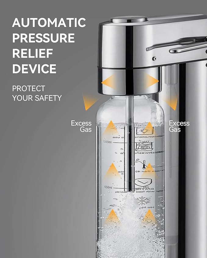 MOKKOM Sparkling Water Maker, Soda Maker with 1L PET Carbonating Bottle, Soda Streaming Machine and Beverage Carbonator, Compatible with 60L CO2 Carbonator (NOT Included) - Stainless Steel