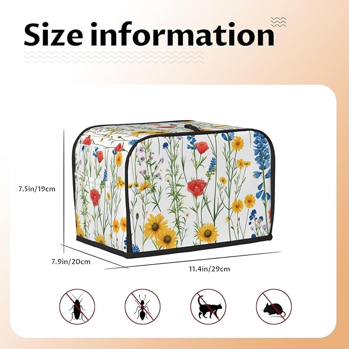 Summer Wildflower Toaster Cover 2 Slice, Cute Rural Bread Machine Cover, Washable Dust-Proof Cover for Kitchen Small Appliance Cover,with Top Handle