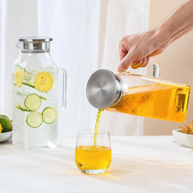 Netany 2 Pack 2.22 Liters/75 oz Square Glass Pitcher with Lid and Handle for Fridge, Iced Tea and Coffee Carafe Beverage Serveware, Heat Resistant Borosilicate Water Jug for Hot/Cold Drinks and Milk