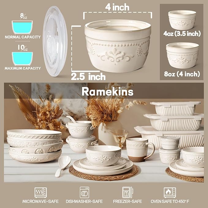 Artena Ramekins with Lids, Creme Brulee Ramekins Oven Safe, Ceramic Pudding Cups, Souffle Cups, Custard Cups, Dipping Sauce Cups, Food Storage Containers with Lids, Set of 4 (Multiple Patterns, 8 oz)