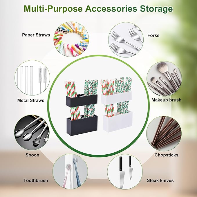 Adjustable 2-Part Acrylic Straw Holder for Cabinet Doors (2 Pack), Reusable Straw Organizer with Ultra-Sticky Adhesive, Small Kitchen Accessories Container (Black and White)