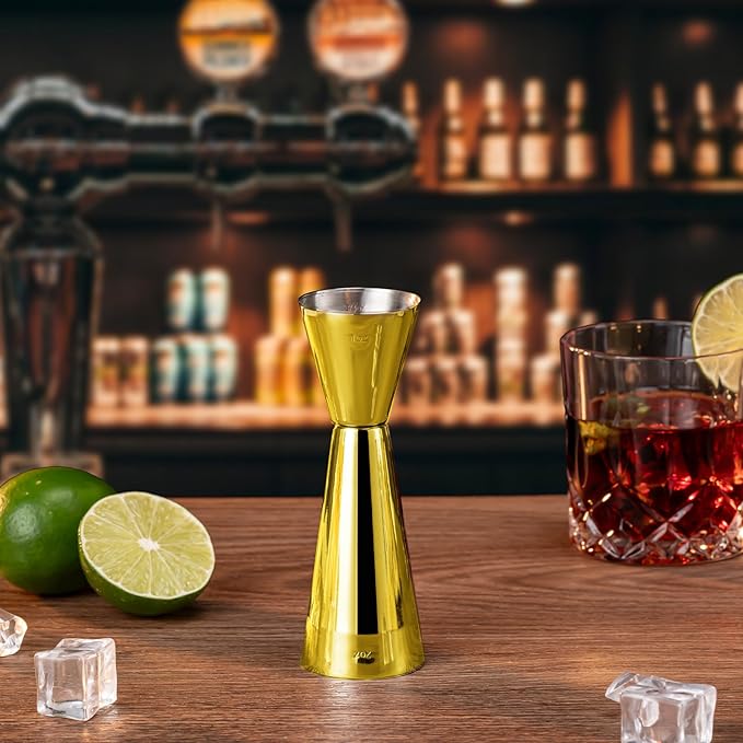 Briout Jigger for Bartending, Double Cocktail Jigger Japanese Premium 304 Food Grade Stainless Steel Jigger 2 OZ 1 OZ with Measurements Inside, Flat Edge Gold