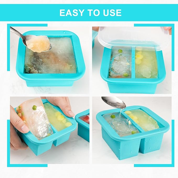 Silicone Freezer Tray with Lid 4 Pack Silicone Freezer Molds Ice Cube Tray Makes 8 Perfect 1 Cup Portions Soup Cubes Meal Prep Containers- Oven & Dishwasher Safe