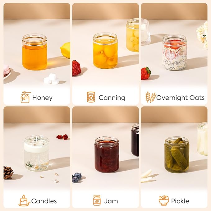 24 Pack 8OZ Thick Glass Jars with Metal Lids,Candle Jars for Candle Making with Kits & Labels & Gift Box,Empty Glass Jars for Food Storage,Canning, Spices, Liquids