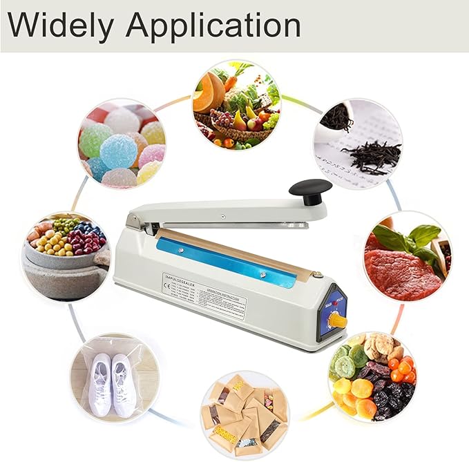 Impulse Sealer 8 Inch Heat Sealer for Plastic Bags, Plastic Mylar Bag Sealer, Iron Shell, Manual Poly Bag Heat Sealer Machine, 3mm Sealing, 4 Replacements Kit (2 Cutting Lines Included)