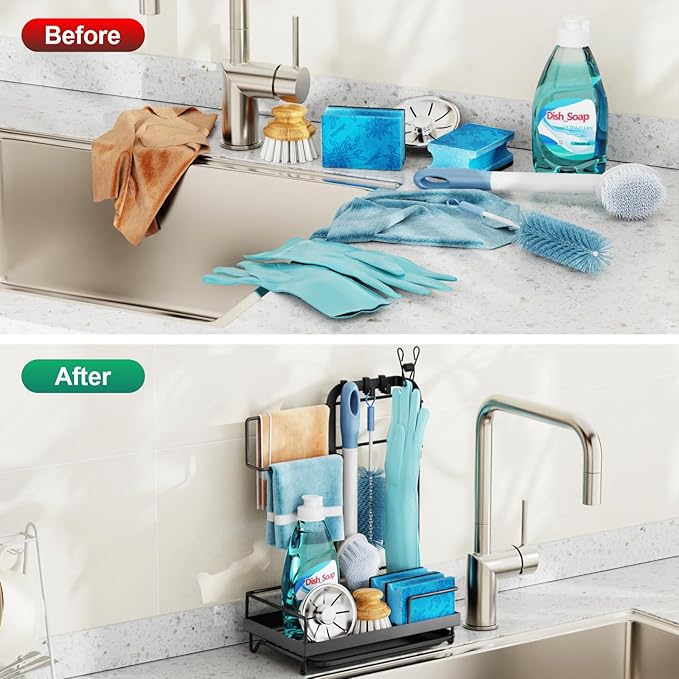 GSlife Sink Caddy Kitchen Sink Organizer - Large All-in-One Sponge Holder with Towel Holder, Rust Resistant Countertop Caddy with Drip Tray and Hooks for Brush, Gloves, Drying Hanger, Black
