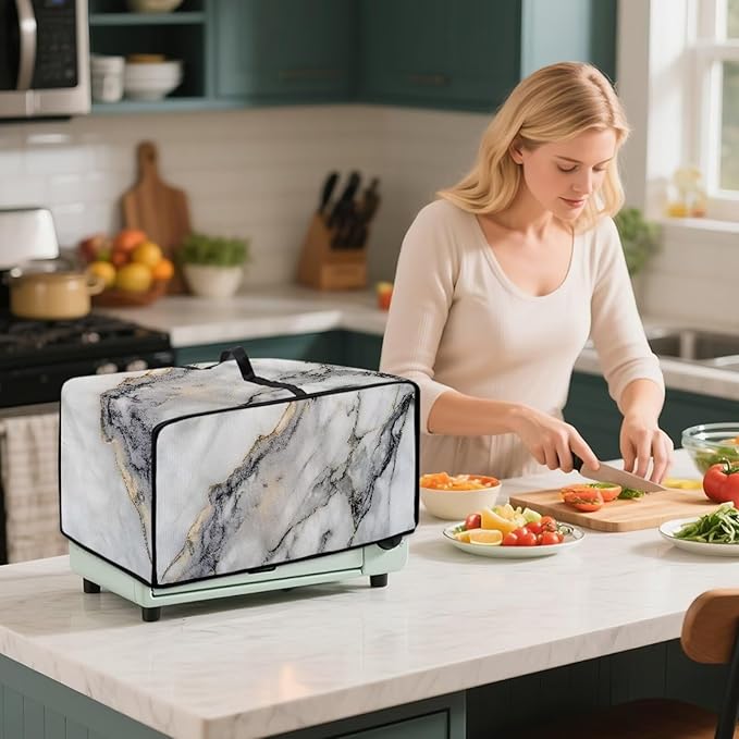 Toaster Oven Dust Cover Washable Fabric Convection Oven Cover Protector Compatible with Various Small Kitchen Appliances, L, Gray White Marble
