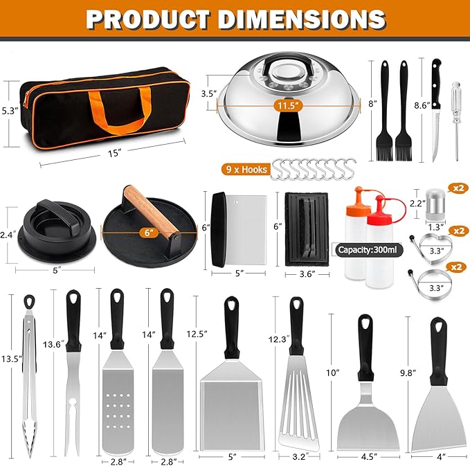 35Pcs Griddle Accessories Kit for Blackstone, Joyfair Flattop Grilling Accessory Tool Set with Stainless Steel Griddles Spatula Smash Burger Press Basting Cover Hamburger Patty Maker for Outdoor BBQ