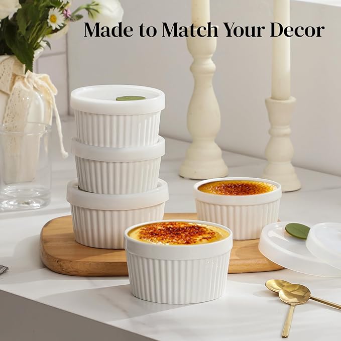 DOWAN Ramekins with lids 4 oz, Creme Brulee Ramiken Oven Safe, Ceramic Baking Bowls Souffle Dishes, Custard Cups Charcuterie Boards Bowls Dipping Sauces, Set of 6, White