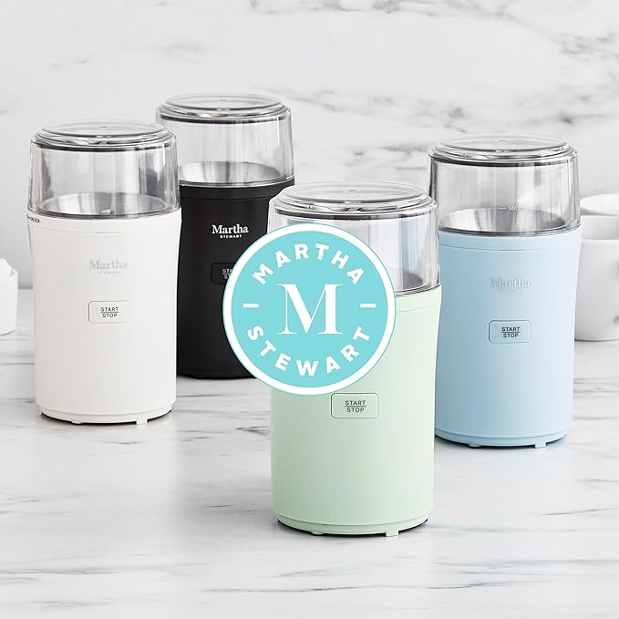 Martha Stewart Electric Coffee & Spice Grinder, Dual 2.5oz Removable Bowls, Storage Lids, Stainless Steel Blades, One Touch Pulse Control, 2-in-1 Compact, Beans & Spices, Herbs & Nuts, Indigo Blue