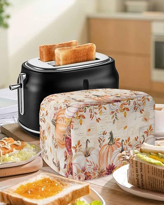 Pink Orange Pumpkins Fall Toaster Cover 4 Slice, Thanksgiving Leaves Dustproof Bakeware Oven Protector with Top Hook, Autumn Floral Waterproof Small Kitchen Appliance Toasters Dust Cover, 12"x11"x8"