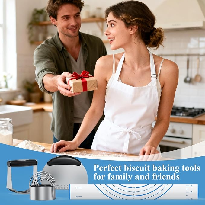 Biscuit Cutter Set, Blue Silicone Baking Mats,Stainless Steel Pastry Blender, Dough Cutter,Pastry Cutter, Baking Tools and Accessories Kit (4 Set Blue)
