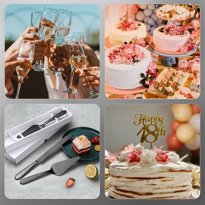 Eisinly Wedding Cake Knife and Server Set, Integral Stainless Steel Longer Cake Cutter and Wider Pie Spatula, Elegant Cake Cutting Serving Set for Party Birthday Bridal Shower Set of 2, Matte Black
