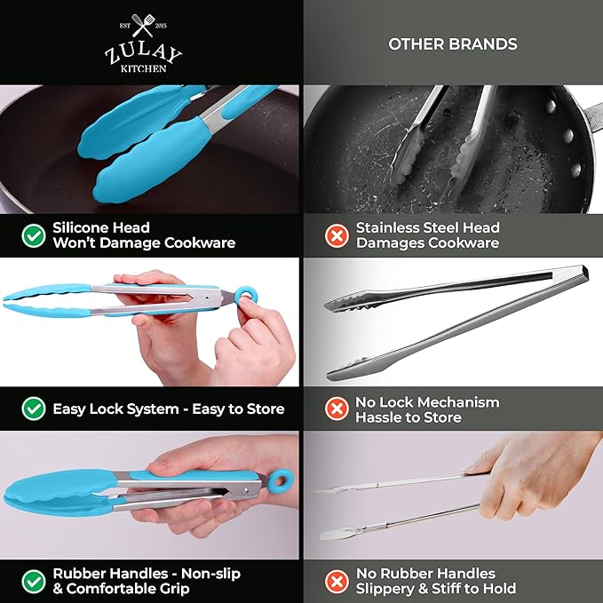 Zulay Stainless Steel Kitchen Tongs with Silicone Tips - Set of 2 (9” & 12”) Locking Cooking Tongs with Non-Slip Grip - Heat Resistant, BBQ Food Tongs for Non-Stick Cooking Pans (Silver/Light Blue)