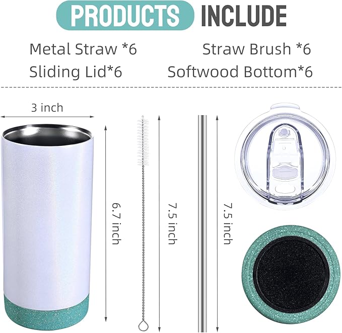 6 Pack 17 oz Insulated Sublimation Tumbler Bulk, Stainless Steel Double Wall Cups with Cork Silicone Base & Lid & Metal Straw, Glitter White