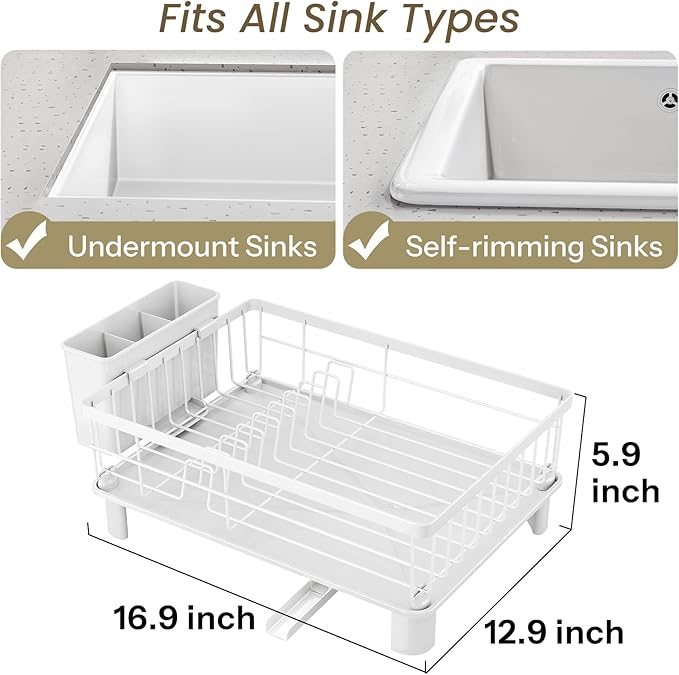 SNTD Dish Drying Rack - Small Dish Rack for Kitchen Counter, Stainless Steel Dish Drainer with Utensil Holder and Drainboard, 12.9" W x 16.9" L (White)