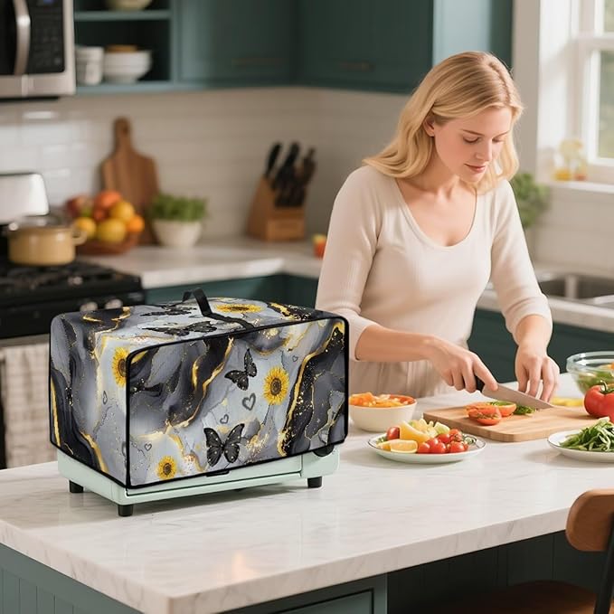 Convection Oven Cover Countertop Appliance Covers Stain-resistant Microwave Oven Protector for Kitchen Home Decor, S, Black Gray Gold Marble Butterfly Sunflower