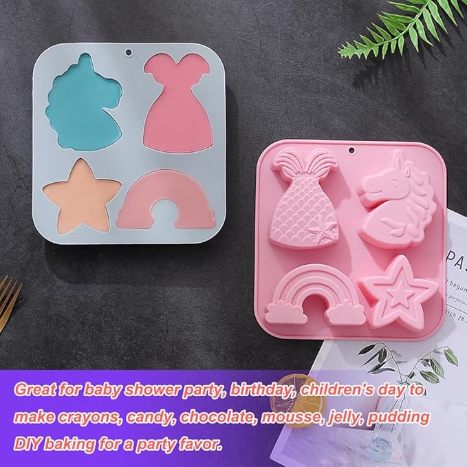 2 Pack Unicorn Molds Silicone 4 Cavity 3D Big Cartoon Themed Baking Mould Tray with Mermaid Rainbow Star for Baby Shower Birthday Party Chocolate Cake Mousse Pastry Soap Crayons Cupcake Topper