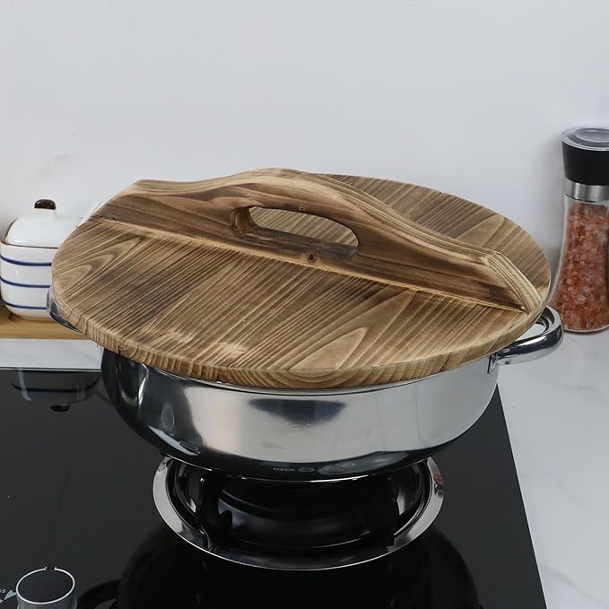 Oedema Wooden Pot Lid Round Pot Cover Pan Wood Lid 13 Inch Fry Cover for Cast Iron Pan Kitchen Cooking Lid with Ergonomic Handle