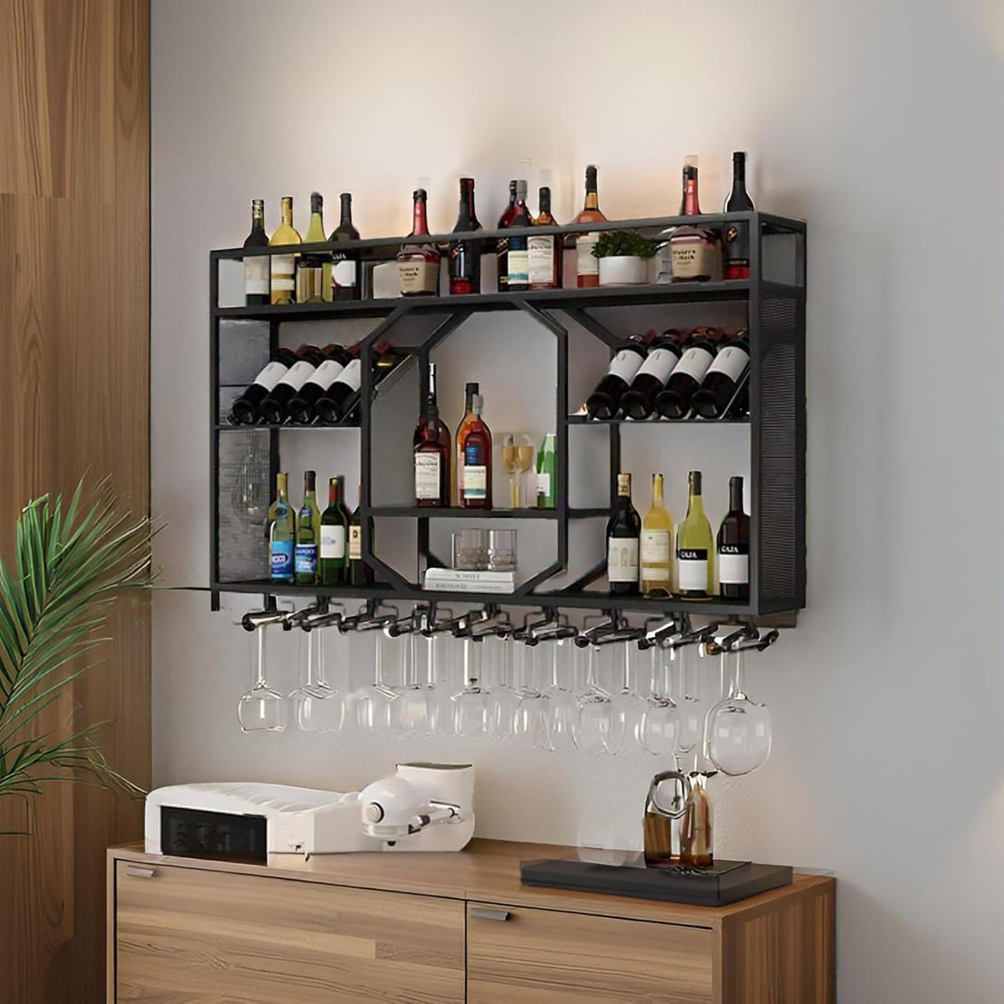 Wall Mounted Wine Rack, 3-Tiers Metal Bar Bottle Holder, Modern Wine Glass Storage Display Shelves, Wall Wine Rack for Kitchen Bar Dining Rooms Decoration (Gold, 55.11in/140cm)
