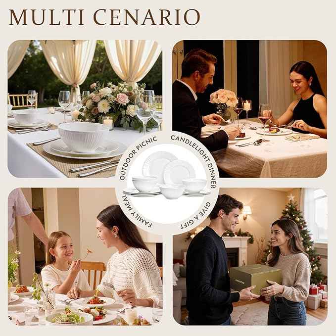 KINGSTONE 24-Piece Bone China Dinnerware Set with 40-Piece flatware, White Lightweight Porcelain Service for 8, for Family Dining, Restaurants, Gifting,Microwave and Dishwasher Safe
