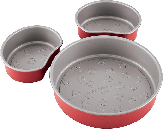 Farberware Disney Bake with Mickey Mouse Nonstick Bakeware Cake Pans, Baking Sheet, and Loaf/Meatloaf Pan, 6 Piece Non Stick Bakeware Set - Red