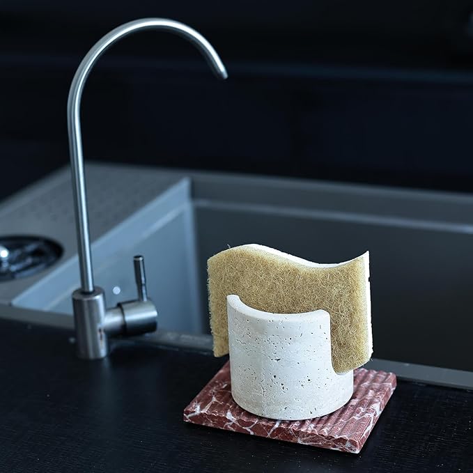 JIMEI Travertine Marble Sponge Holder for Kitchen Counter - Natural Stone Dish Drying Rack, Sponge Caddy for Sink Organizer - Durable & Stylish Kitchen Decor