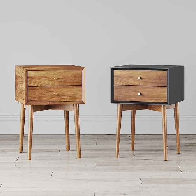 Nathan James Harper Modern Nightstand Side Accent or End Table with Storage Drawer, Set of 2, Black/Brown